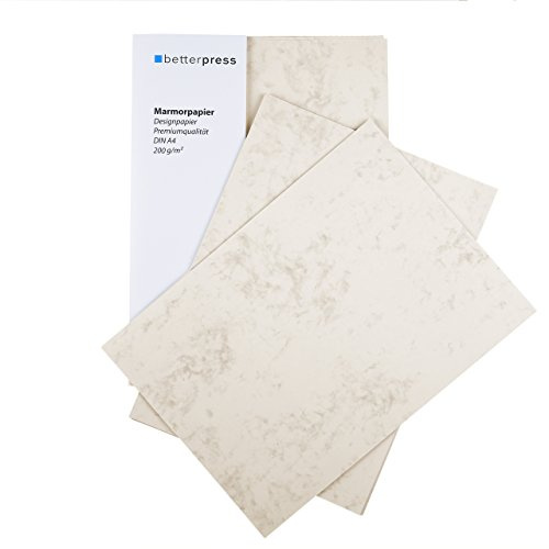 Betterpress® 50 Blatt Marmorkarton chamois 200 g, A4 – Beidseitig Marmoriertes Papier in hochwertiger Qualität – Druckerpapier marmoriert ideal als Speisekarte, Zertifikat und Urkunde