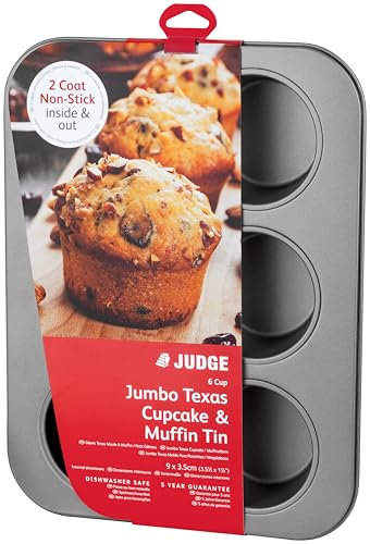 Judge Non-Stick Jumbo Texas Cupcake/Muffin Baking Tin Tray with 6 Large Cups, Dishwasher Safe, 9 x 3.5cm
