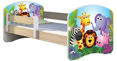 ACMA Kinderbett 180x80 Jugendbett mit Matratze, Farbe Sonoma mit Rausfallschutz Lattenrost II Spielbett Kinderzimmer Möbel, 01 Zoo