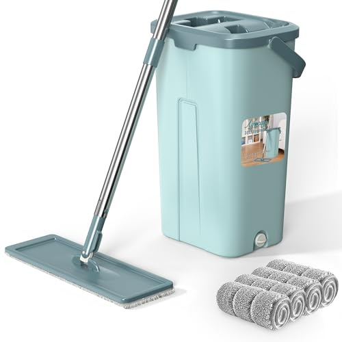 Aifacay Juego de fregona y Cubo, Sistema de Cubo Plano de 8 Almohadillas Reutilizables de Microfibra para el hogar, fregona y Cubo con escurridor, Mango de Acero Inoxidable extendido para Madera,