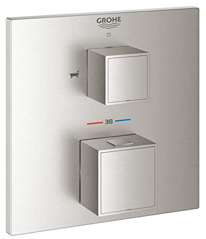 GROHE Grohtherm Cube Thermostatic Bath Mixer Trim Set to Control Shower and Bath Filling Functions, Concealed Installation, Stainless Steel Look 24155DC0
