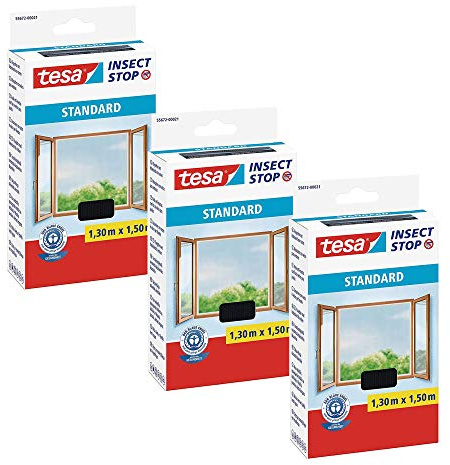 tesa Insect Stop Klett Fliegengitter für Fenster - Insektenschutz mit Klettband, zuschneidbar - Mückenschutz ohne Bohren - 130 cm x 150 cm - Anthrazit (130 cm x 150 cm | 3er Pack)