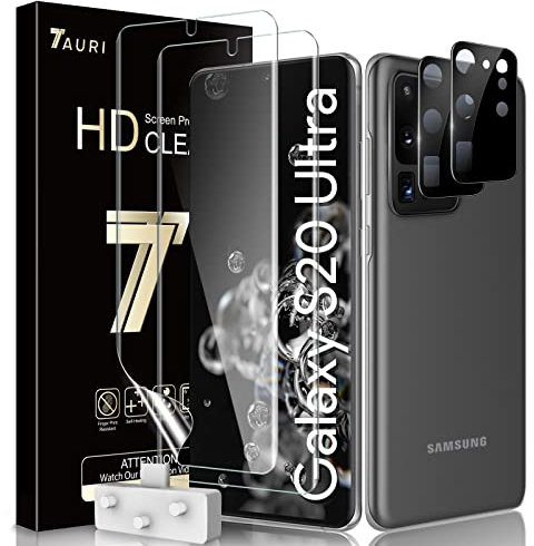 TAURI 4 Pièces Protection écran Compatible avec Samsung Galaxy S20 Ultra et S20 Ultra 5G (6.9 Pouce), 2 Pièces TPU Protection écran et 2 Pièces Caméra Arrière Verre Trempé Double Protection
