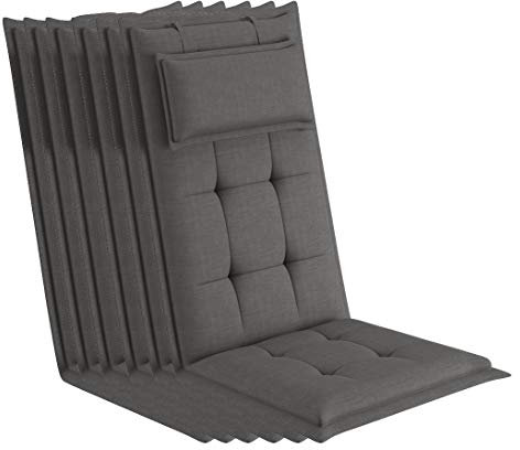 sunnypillow 6 Stück Gartenstuhlauflagen mit abnehmbarem Kopfpolster - 120 x 50 x 9cm - Stuhlauflagen Hochlehner, Auflage für Gartenmöbel - Sitzauflagen Outdoor, wasserdicht UV-Lichtecht - Anthrazit
