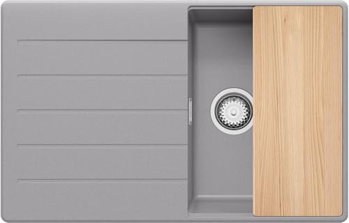 PRIMAGRAN Lavello da Cucina Grigio 78x50cm, Lavandino in Granito a 1 vasca + Sifone Classico + Tagliere, Lavabo Incasso al mobile 45cm - Copenhagen S144