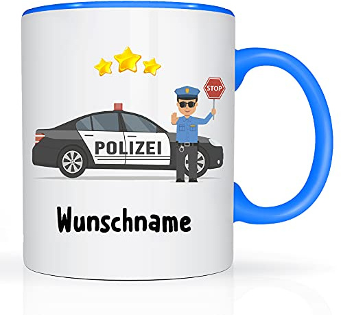 Print-Klex Tasse mit Namen und Polizeiauto Motiv Bedruckt Namenstasse Namensbecher Polizeitasse für Jungen Kindertasse Keramiktasse Weiß/Blau Geschenktasse Spruchtasse mit Druck Kinder Tasse 330ml