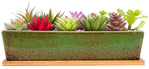 ARTKETTY 30cm Ceramic Succulent Plant Pots, Modern Long Rectangle Flower Plant Containers with Tray, Shallow Cactus Bonsai Window Box with Drainage for Indoor/Outdoor Home Decor(Green)