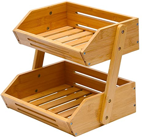 VIKEYHOME Fruit Basket, 2 Tier Bamboo Fruit Basket for Kitchen, 11 Tall Fruit Stand Storage Holder, Heavy Duty/Large Capacity for Vegetables, Fruit, and Snack, 15 mm Thickness (Self-assembly)