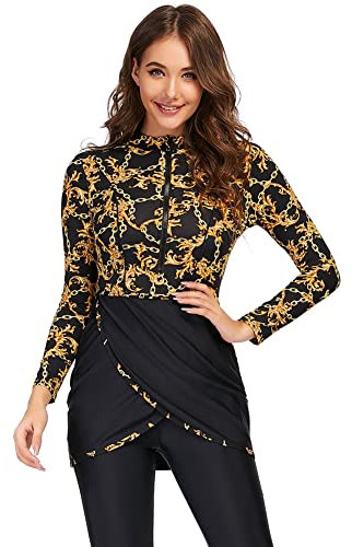 IMEKIS Damen Burkini Muslim Badeanzug Blume Bescheidene Bademode Islamisches Schwimmanzug Langarm Reißverschluss Badeoberteil mit Badehose Hijab 3tlg Tankini Set Gelb 4XL