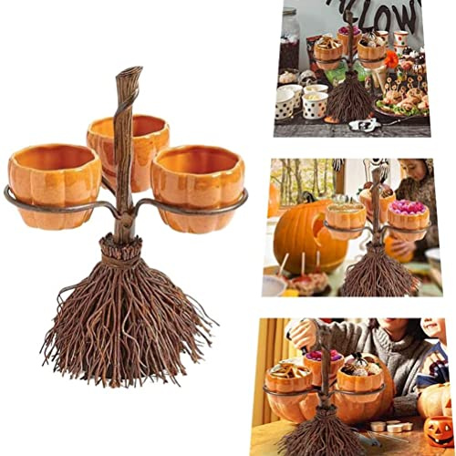 Zucca di Halloween Snack Bowl Stand pieghevole, vassoi per feste pieghevoli, ciotola porta caramelle, ciotole di zucca in resina di Halloween su scopa per servire snack insalata frutta forniture per
