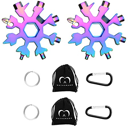 MATHARAGO Snowflake Multitool, 2pcs Snowflake Tool Stainless Steel 18 in 1 Snowflake Multitool with Carabiner Clip, Keyring and Storage Bag for Gift Men's Present(Double Multicolor)