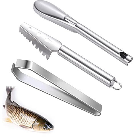 LONGHAO 3 pcs,Fischschuppenschaber Edelstahl,Fisch Scaler,Fisch Scaler Entferner,Scraper FüR Fisch,Profi Fisch Scaler Scraper,rutschfeste FischschuppenbüRste, Fischpinzette Knochenclip,KüChenhelfer