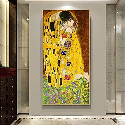 Gustav Klimt Der Kuss – Ölgemälde auf Leinwand, berühmte Kunst mit goldenem Rahmen, druckt großformatige Wandkunst für Wohnzimmerdekoration, 155 x 70 cm/61 x 28 Zoll mit goldenem Rahmen