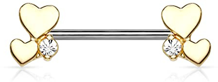 beyoutifulthings Brustwarzen-piercing Herzen Gold Roségold Zirkonia Clear Brust-piercing Nippel-piercing Intim-piercing Chirurgenstahl Stab 14-mm