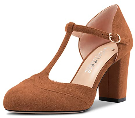 Castamere Femmes Bloc Chunky Haut High Talon Heel Rond Bout Escarpins T-Strap Boucle Mariage Bureau 8.5 CM Heels Marron 37 EU