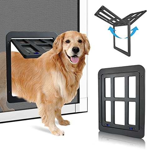 PETLESO Große Hundetür für Fliegengittertür, Haustiergittertür für mittelgroße Hunde mit magnetischer Klappe, abschließbarer Einsatz für Schiebetür, schwarz, groß 27,9 x 33 cm