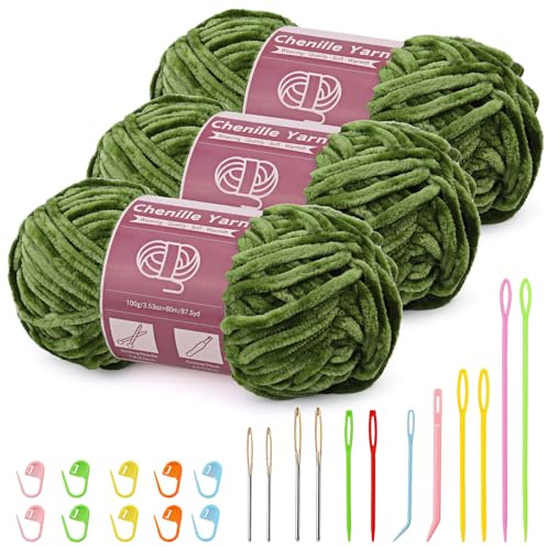 3X100g(3 X 80 m) Chenille Wolle, Wolle Zum Häkeln Stricken (Olivgrün) | Chenille Samt Garn mit Nadeln großem Öhr zum Stricken und Häkeln, Kleidung, Decken, Taschen, Pullover, DIY-Strickprojekte