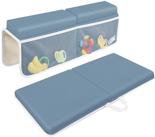 JJGoo Bath Kneeler with Elbow Rest Pad Set, 1.5 inch Kneeling Pad Mat for Bathtub Baby Bathing Parents, Painless Foam Mat with Toy Organizer Pockets, Non-Slip for Baby and Toddler Bathing
