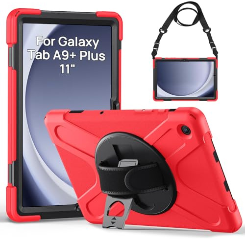 Gerutek Coque Antichoc pour Samsung Galaxy Tab A9+ Plus 11 2023, Rouge | Coque pour Galaxy Tab A9+ 11, SM-X210/X215/X216, Étui Robuste avec Support Rotatif, Dragonne et Bandoulière, Porte-Stylo