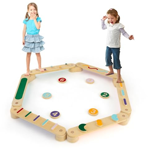 DREAMADE Balancierbalken aus Holz, Schwebebalken-Set für Kinder ab 1 Jahr, 19 Stück Balancebrett für freie Kombination, belastbar bis 60kg