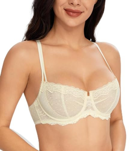 Lemorosy Women's Balconette Push Up Bra Unlined Non-Padded Half Cup Lace Sheer Underwire(Beige 34B)