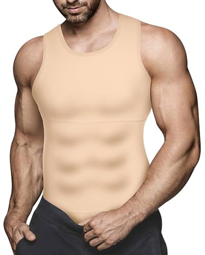 Bingrong Men Compression Vests Shapewear Slimming Body Shaper Undershirt Tank Top Shirt (UK, Alpha, L, Regular, Regular, Beige)