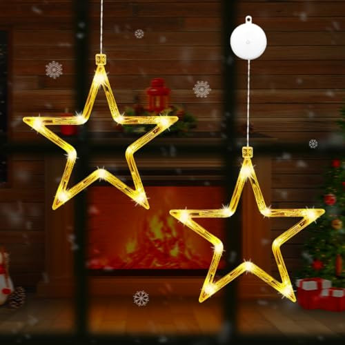 IWTBNOA Luces LED de Navidad con estrellas, 2 unidades, luces LED con ventosas, luces LED para decoración navideña, luz blanca cálida, para decoración de Navidad, balcón, fiesta, interior, exterior