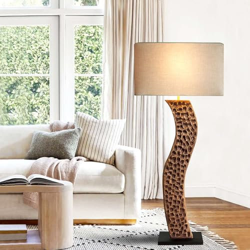 Bressmer DELATIA Holz Stehlampe – Handgefertigte Design Stehleuchte aus Echtholz mit Leinenschirm, nachhaltige Wohnzimmerlampe 170 cm hoch, warmes Licht & natürliche Maserung, E27 Fassung mit Schalter