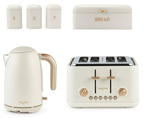 Salter Pebble Kettle, Toaster & Countertop Set – 1.7L Fast Boil Electric Kettle, 4-Slice Toaster, Tea, Coffee & Sugar Canisters and Large Bread Bin, Dry Goods, Carbon Steel, Stone, COMBO-9520 | 6 Piece Set, Powder Coated Steel, 3 Canisters And Bread Bin, 6 Browning Levels, Defrost Reheat Cancel, Rapid Boil 3 kW