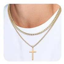 HSWYFCJY 2PCS Cross Necklace for Men Gold Layered Cross Chain Stainless Steel 45cm Cuban Chain And 50cm Round Box Chains with Cross Pendant length Multi Necklace Gifts for Men Women