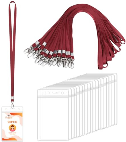 Segus Kartenhülle mit Band, 20 Stück Lanyard mit Kartenhülle, Schlüsselbänd zum Umhängen, Wasserdichte Kreditkartenhülle, für Büro, Schulen, Krankenhaus (Jujube Rot, Vertikale)