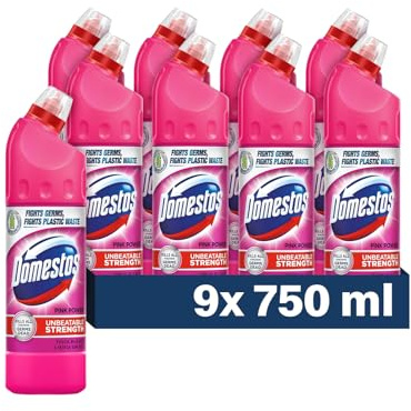 Domestos Thick Bleach Pink Power Disinfectant 750ml Multi-Purpose Surface Cleaner Gel, Anti-Bacterial, Limescale Remover for Toilet, Bathroom & Kitchen & FabFinds Disposable Gloves (Buy 9)