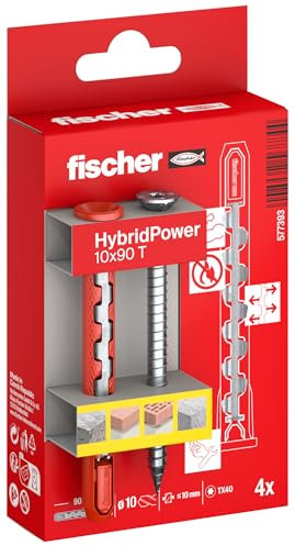 Fischer 4x HybridPower T, Tasselli Prolungati in Nylon e Acciaio con Vite Svasata Piana Torx, Sicuro come un Ancorante Metallico e Facile da Installare come un Tassello in Nylon, 577393
