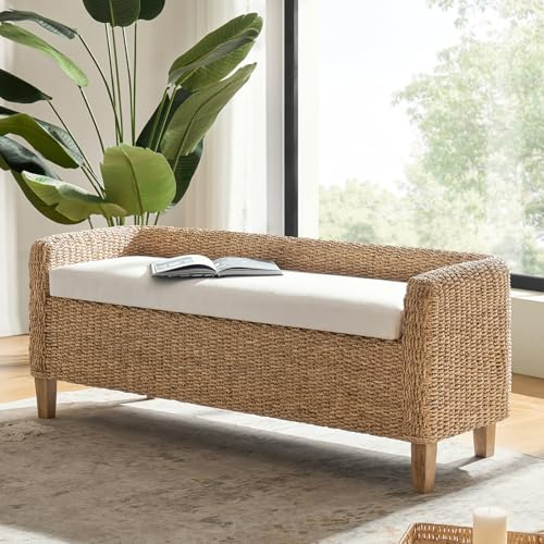 HULALA HOME 57 Rattan Storage Bench with Backrest, Boho Wicker Bedroom Bench for End of Bed, Linen Upholstered Entryway Ottoman Bench with Water Hyacinth Frame