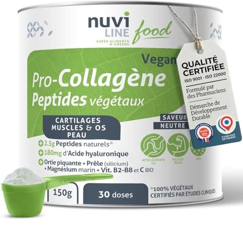 NUVILINE Food | Veganes Pro-Kollagen Haut Haare & Gelenke | Pflanzliche Peptide aus Brokkoli & Karotte + Hyaluronsäure | Brennnessel, Schachtelhalm, Meeresmagnesium, Vitamine B2 B8 C | 150 g – 30 Tage