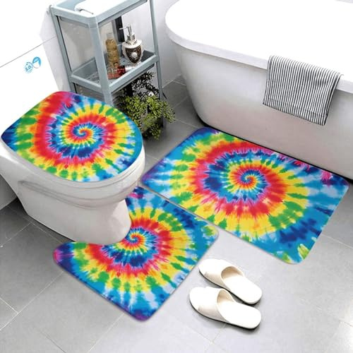3 Piezas Juego De Alfombra De Baño Arcoíris Teñido Anudado 3 Alfombrillas De Baño Moda Lavable Alfombras De Cama, para Bathroom, Cocina, Dormitorio
