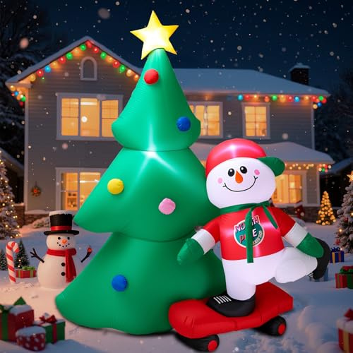 Wothfav 213CM/7FT Schneemann-Skateboard-Weihnachtsbaum, Aufblasbarer Weihnachtsschneemann mit Eingebauten LED-Lichtern, Gartendekoration, Schneemann-Weihnachtsdekorationen für Drinnen und Draußen