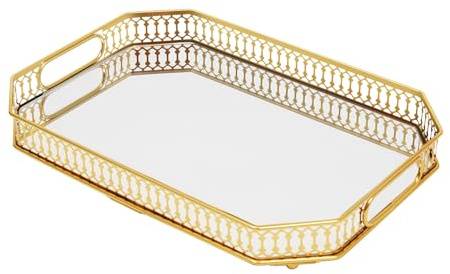 Plateau décoratif doré, plateau de bureau, rectangulaire, plateau décoratif, plateau en acier inoxydable, plateau de service, plateau de service doré, organisateur de bijoux et de maquillage, assiette