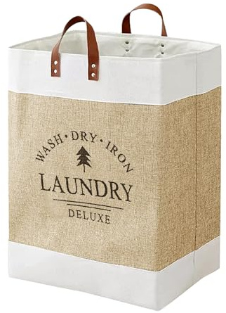 KLMHH Foldable Laundry Basket Waterproof Collapsible Washing Basket Woven Wicker Storage Baskets Large Capacity Dirty Clothes Hamper for Bathroom Bedroom （White/Brown）