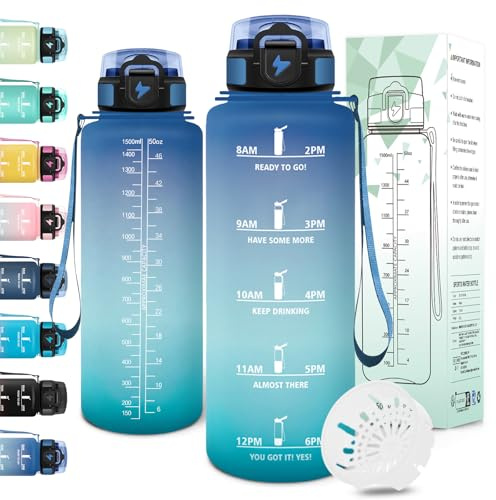 Motswedi Gourde 1,5l, Anti-Fuite, Gourde Sport, avec Marqueur de Temps, Bouteille d'eau, Réutilisable, Bouteille, Sans BPA, pour Sport, Yoga, Fitness, Randonnée, Bleu Vert