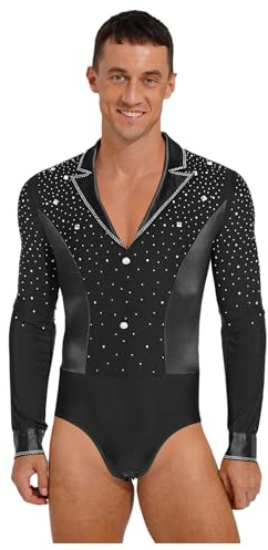 Nyeemya Abito da Pattinaggio Artistico Uomo Camicia Body Ballo Latino a Manica Lunga Leotards con Paillettes Body Danza Classica Balletto Costume Samba Rumba Nero XXL