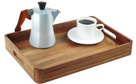 Relaxdays Servicio Acacia y MDF, HxBxT: 5 x 38,5 x 28,5 cm, Bandeja con Asas, Borde Alto, Natural, Tablero de Fibras, Madera, 5 x 38.5 x 28.5 cm