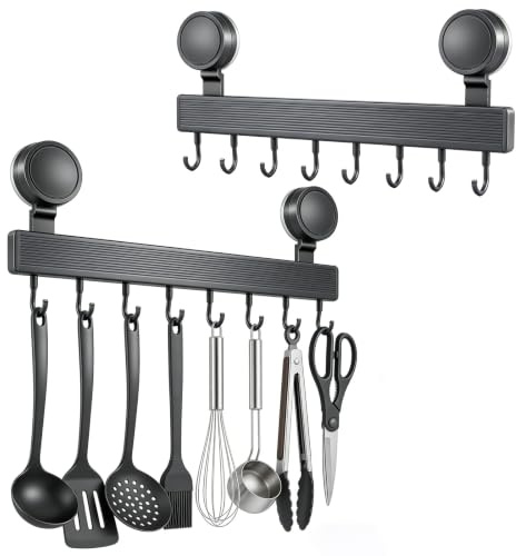 Aramanara 2 Pcs 40 cm Kitchen Utensil Hanger Suction, Pan Holder Rack Wall | 16 in Wall Utensil Holder, Utensil Wall Rack with 8 Movable Hooks, Kitchen Utensils Rail Self Adhesive for Pot Pan Lid Spoons