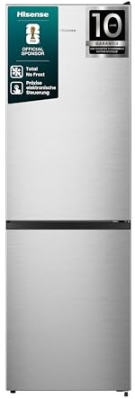Hisense RB3N300NECA Kühl- Gefrierkombination/Total NoFrost/Türöffnung bis 90°/Multiflow 360°/Flaschenhalter/FreshZone/304L (207+97)/Advanced/BxHxT: 59,5×186×59cm/ Silber [Energieklasse A]
