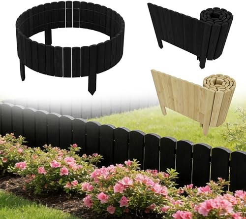 UISEBRT Rasenkante Holz,Flexibler Holzzaun Mähkante Rollborder,Holzpalisaden Steckzaun für Garten Blumenbeet umrandung Beeteinfassung Beetumrandung,Länge 200 cm,Hoch 30 cm,Anthrazit