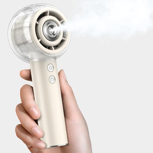 Dnenellr Handventilator mit Wasser, Ventilator mit Sprühnebel (Beige) | Handventilator mit Wasserkühlung 15000RPM Turbo, 6000mAh, 4 Stufen, USB-C, Tragbarer Ventilator für Reise und