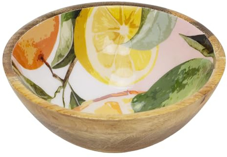 Carousel Home Medium Mango Wood Citrus Bowl | 17cm Enamel Orchard Fruit Design Kitchen Serving Bowl for Snacks, Dips, Desserts