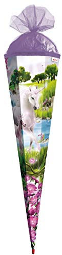 ROTH Schultüte groß Einhorn mit Fohlen 85 cm - 6-eckig Rot(h)-Spitze Tüllverschluss - Zuckertüte