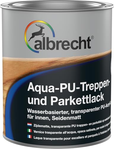 Albrecht Aqua-PU Treppen- und Parkettlack Farblos 2,5 L | Wasserbasierter PU-Lack für Holztreppen & Parkett | Strapazierfähig | Kratzfest | Seidenmatt