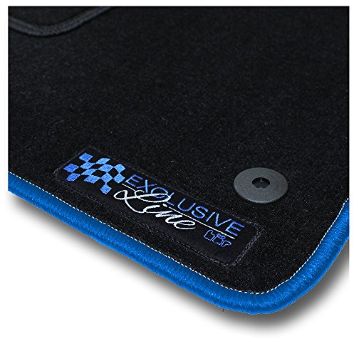 Autofußmatte Exclusive Line mit Logo & blauem Rand für Ford Fiesta JH1 / JD3 Baujahr 2001 bis 2005 | mit Befestigungen in der Fahrermatte